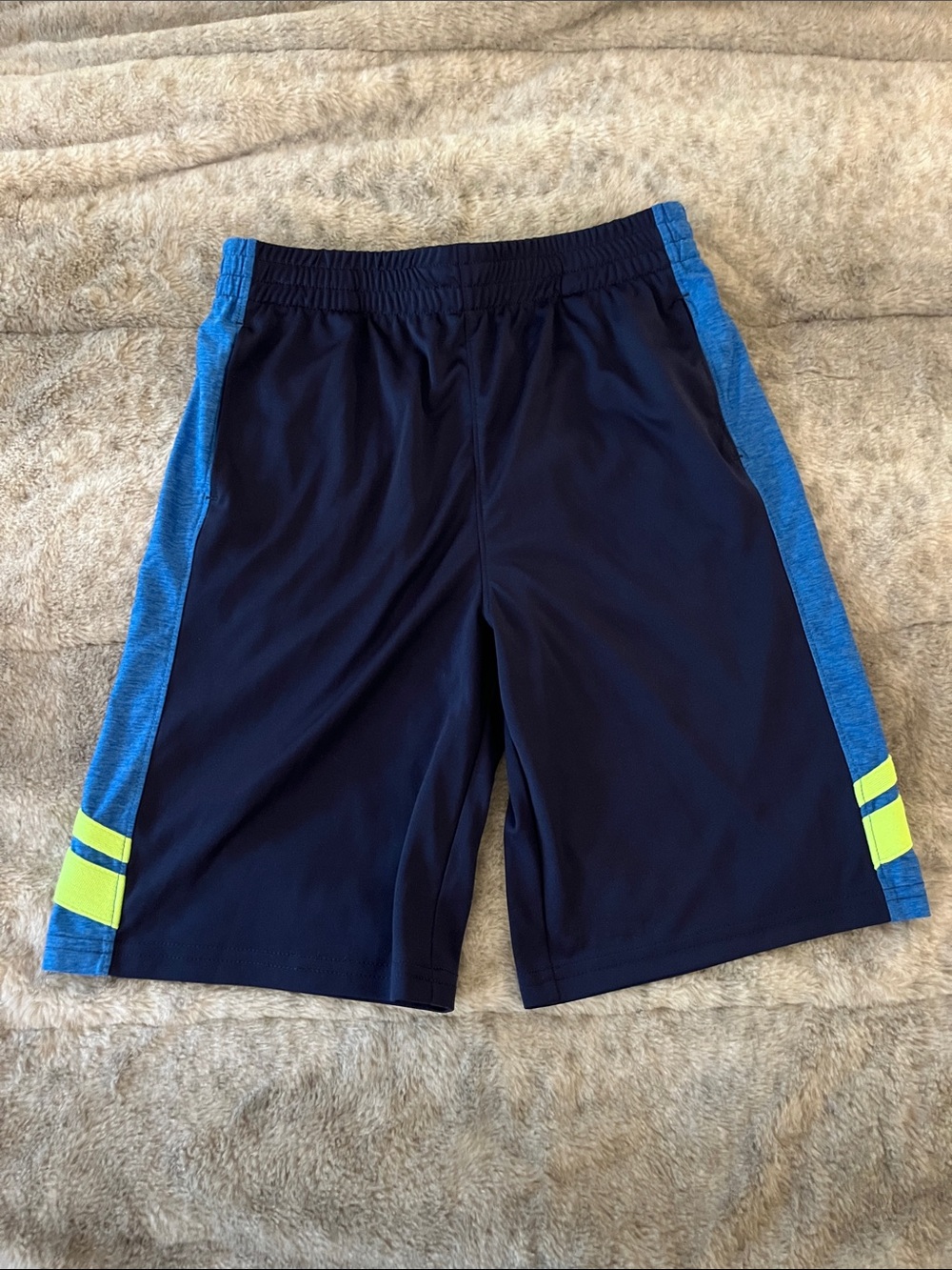Lands' End Navy Athletic Shorts with Blue Panels and Neon Yellow Accents